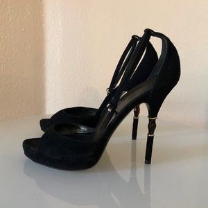 Gucci Black Suede Roma Bamboo Heel Ankle Strap